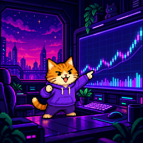 CoinMarketCat pointing at a green candle chart