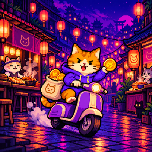 CoinMarketCat riding a scooter through the night market with a bag of coins