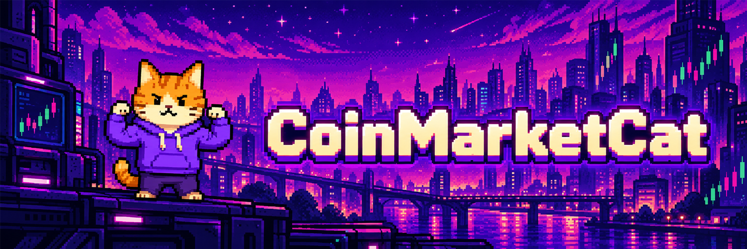 CoinMarketCat banner over the neon city skyline